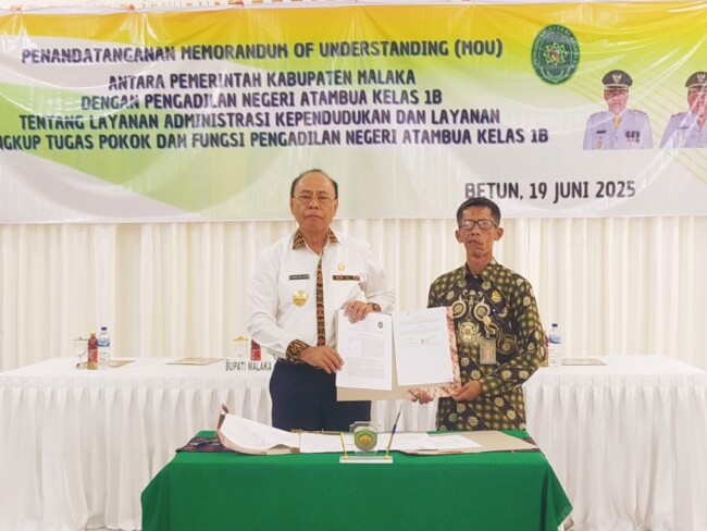 Ket foto : Penandatanganan Memorandum of Understanding antara Pemerintah Kabupaten Malaka dan Pengadilan Negri Kelas 1B Atambua, Kamis 19 Juni 2025/dok pribadi/GB/Timornesia 