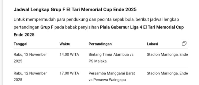 Jadwal lengkap pertandingan grup F El Tari Memorial Cup tahun 2025/dok pribadi/Timornesia 