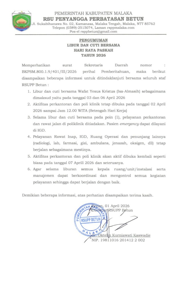 Jadwal libur dan cuti bersama hari raya Paskah tahun 2026/dok images/RSUPP Betun/Timornesia